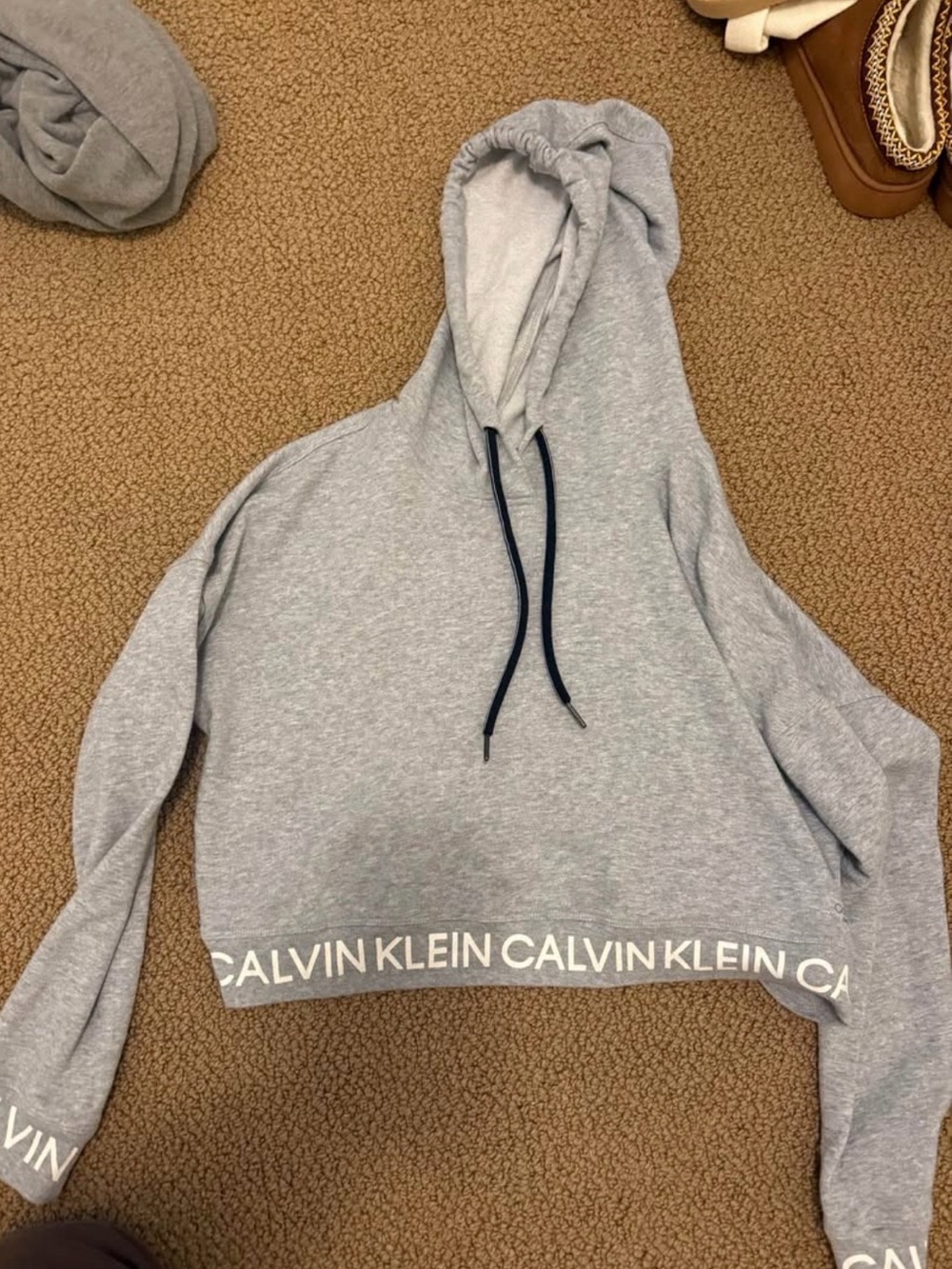 Calvin Klein Light Gray Cropped Hoodie with Logo Hem